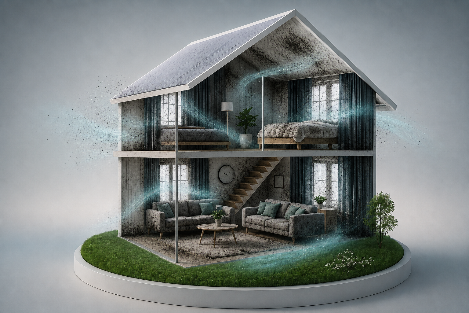 The same home revealing mould across air, fabrics, surfaces and crevices
